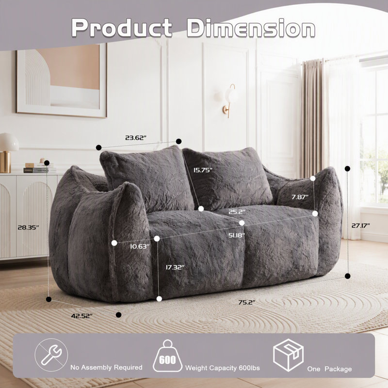 Canapé surdimensionné pour fauteuil à billes avec mousse à haute densité, sans assemblage, gris, Fausse fourrure grise