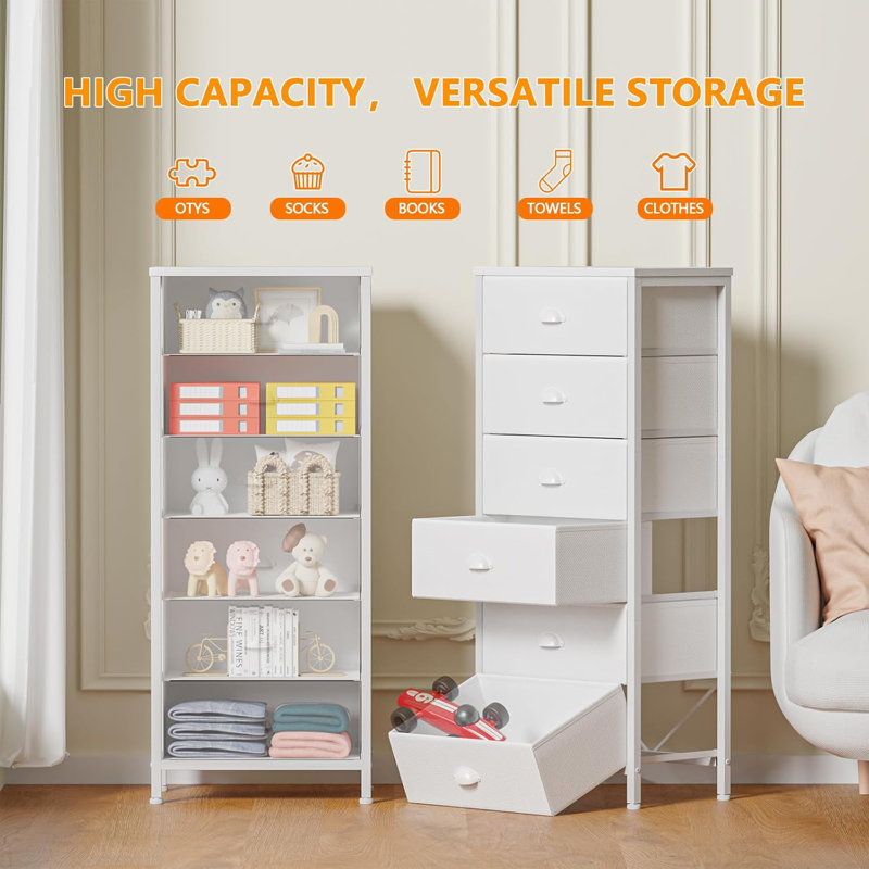 White Tall Dresser for Bedroom,Vertical Storage Tower Unit and End Table with 6 Drawers, Nightstand Furniture with Fabric Drawer Organizer in Living Room,Closet,Entryway,Hallyway