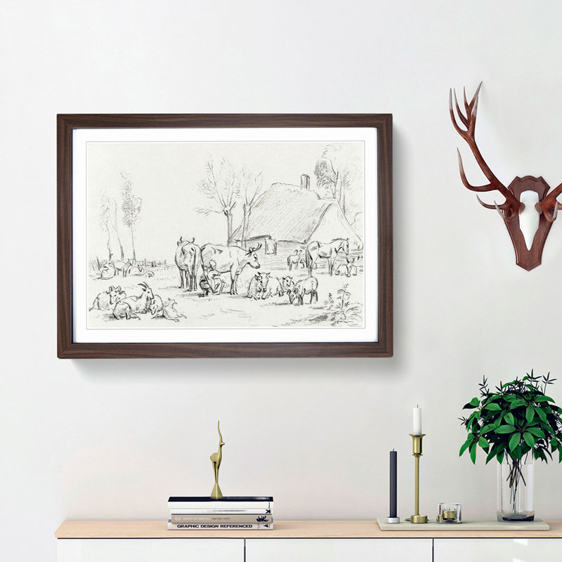 Farm Animals by Jean Bernard - Picture Frame Drawing Print, Walnut Framed, 36cm H x 48cm W x 2cm D