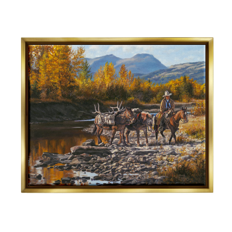 «Down From High Country Cowboy» par David Graham, H 17 po x l 21 po x P 1,7 po, Cadre flottant métallique doré