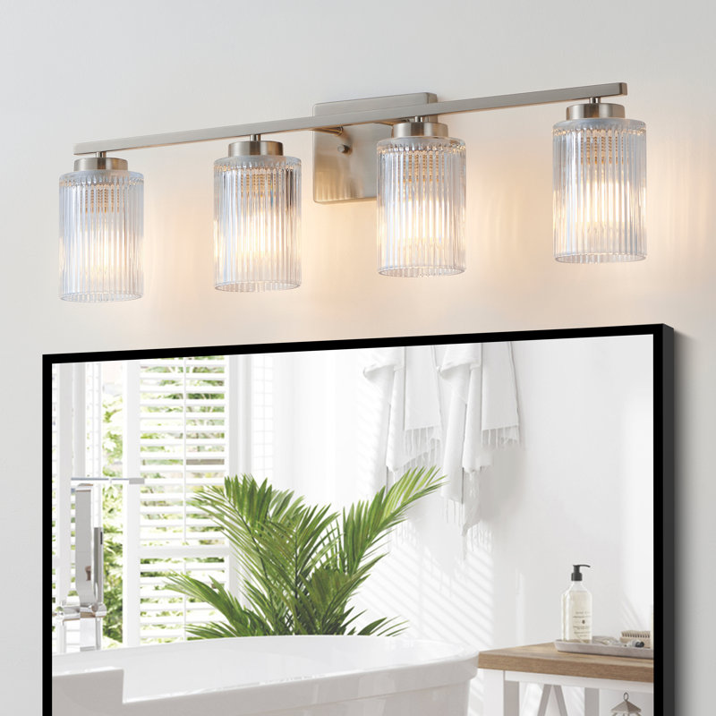 Ensemble de meuble-lavabo avec abat-jour en verre nervuré Lurigid, H 8,3 po x l 30 po x P 5,75 po, Quatre lumières