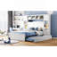 Lit double en bois avec armoire tout-en-un, tablette et prises, lit gigogne simple, blanc-1432320322