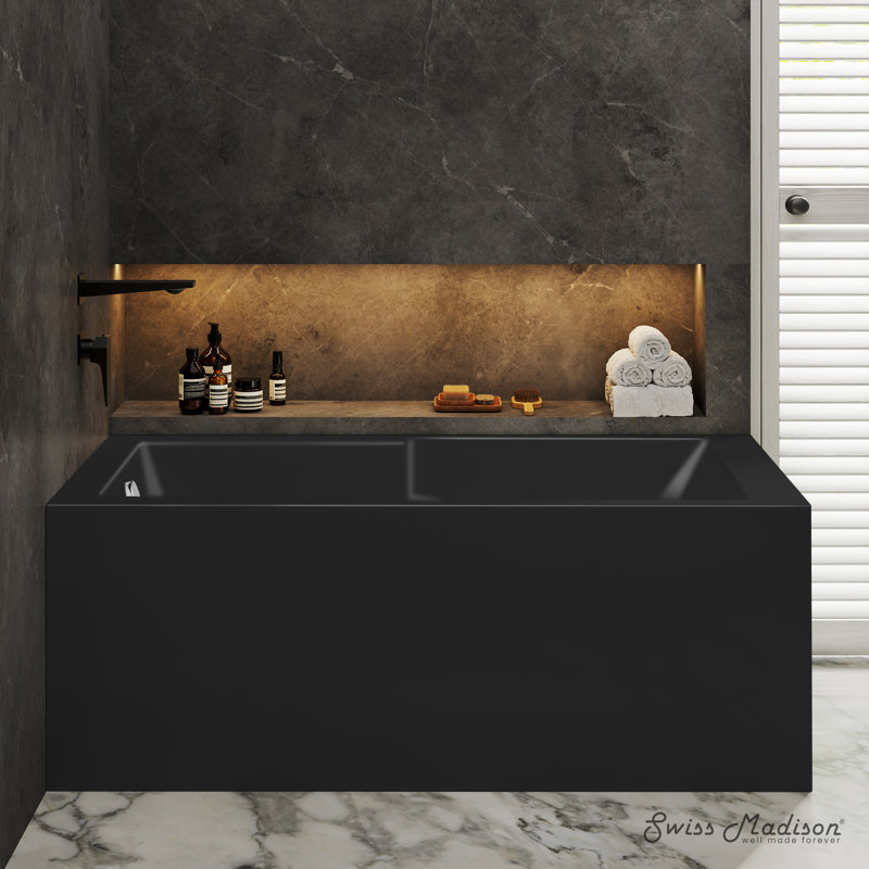 Baignoire d'angle Voltaire 60 x 32 avec tablier et bonde à gauche, noir mat, Noir mat, Gauche