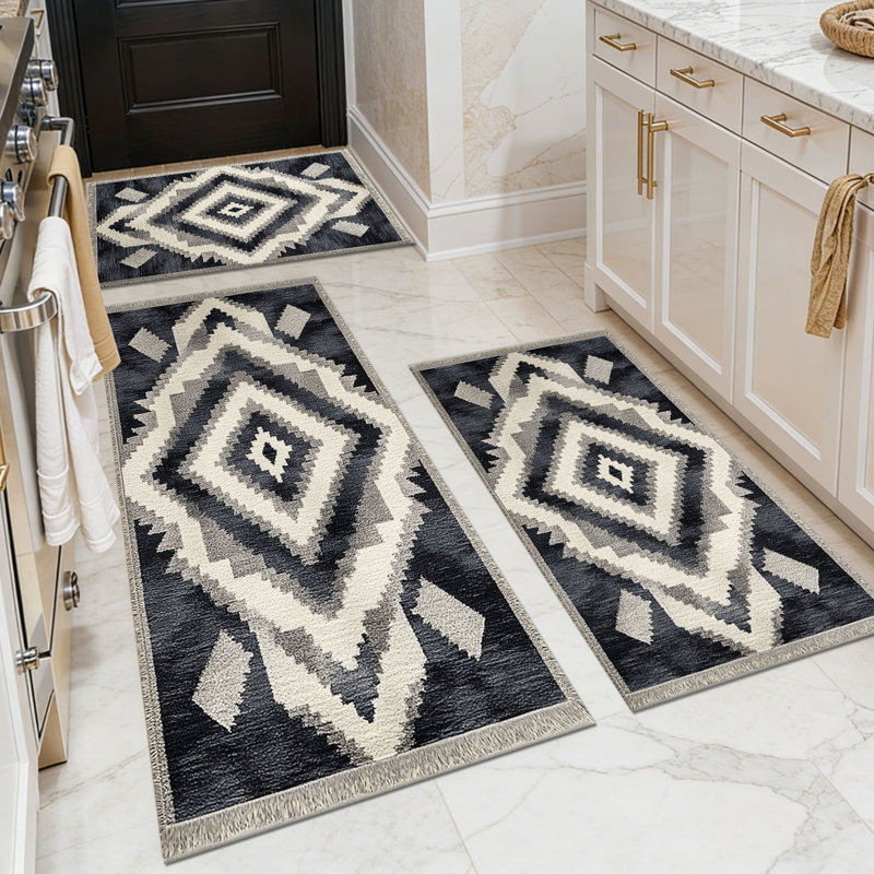 Tapis de cuisine 20 po x 32 po + 20 po x 48 po + 20 po x 59 po Tapis de cuisine à motif abstrait antidérapant 3 pièces