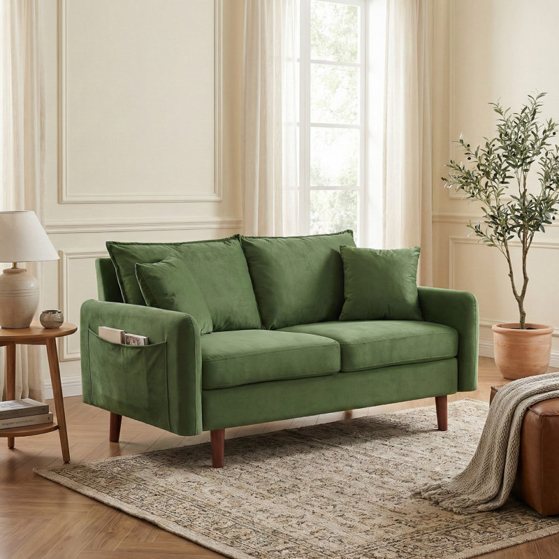  56" Wide Velvet Round Arm Loveseat, Featuring Side Storage Pockets and a Small Square Throw Pillow, Army Green