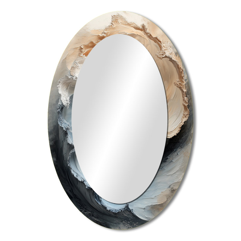 Beige et bleu eau Maelstrom of Elegance II - Grand miroir mural ovale sur métal, 36 po x 24 po