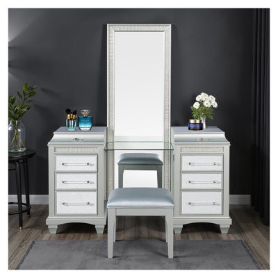 Glam Gray Vanity and Stool Set with Crystal Rhinestone Fabric and LED Mirror