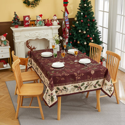 Nappe de Noël à motif botanique de houx, beige et rouge, imperméable, 152 x 259 cm (60 x 102 po). Nappe de table fleurie d'hiver, 132 x 178 cm (52 ​​x 70 po), idéale pour les fêtes.
