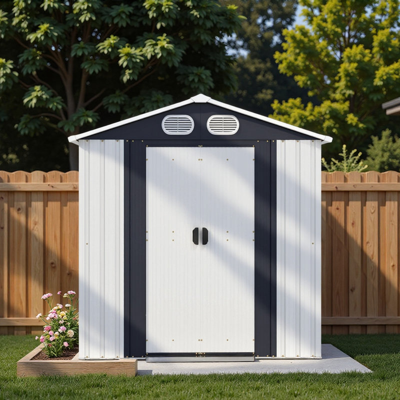 Remise en métal blanc 8 pi 6 pi avec portes verrouillables et évents Campcraft, idéale pour le jardin, le jardin et le patio.