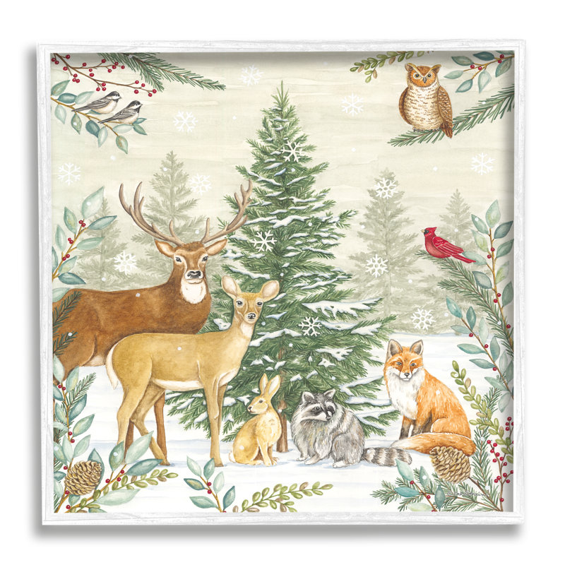 «Woodland Animals In Winter» par Deb Strain, H 17 po x l 17 po x P 1,5 po, Estampe numérique encadrée blanc bord de mer