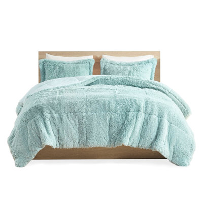 Blue Shaggy Long Fur Comforter Mini For King/ King Bed - Warm Reverse 104"W X 90"L 2 Shams Fill Back 20"W 36"L + 2"D