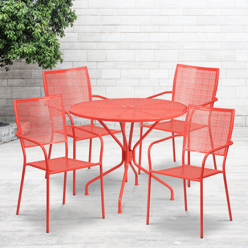 Amaaya 35.25'' Round Indoor-Outdoor Steel Patio Table Set with Square Back Chairs, Gold, 5 Pieces: Table, 4 Chairs