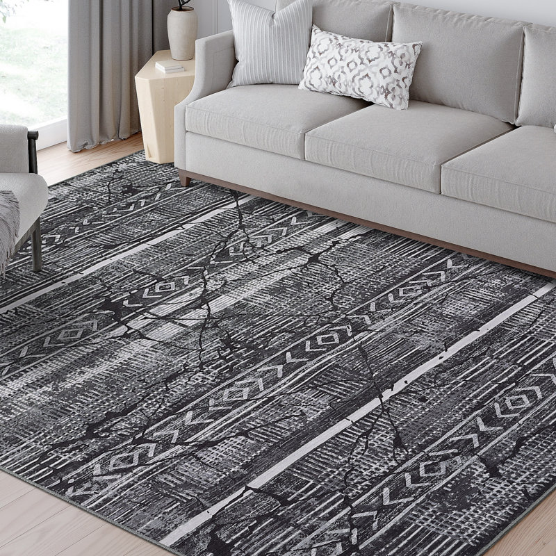 Washable Area Rug 5 x 7 Geometric Throw Rug Non-Slip Backing Modern Marble Accent Carpet Black Gray, Black, Rectangle 5' x 7'