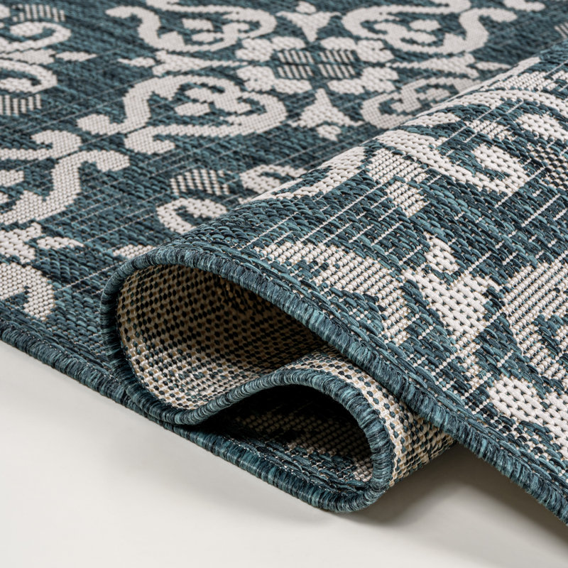 Tapis d'intérieur / extérieur turquoise / crème Amora, Rectangle 2 pi 11 po x 4 pi 11 po