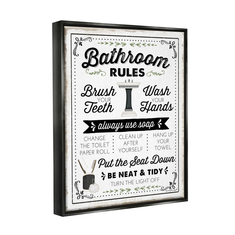 «Bathroom Rules Vintage List» par Jennifer Pugh, impression, Cadre flottant noir de jais, H 31 po x l 25 po x P 1,7 po