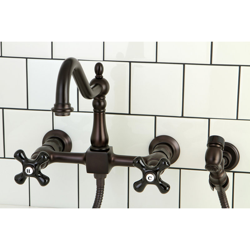 Kingston Brass Duchess Double-Handle 3-Hole Wall-Mount Bridge Kitchen Faucet with Brass Sprayer, Oil Rubbed Bronze