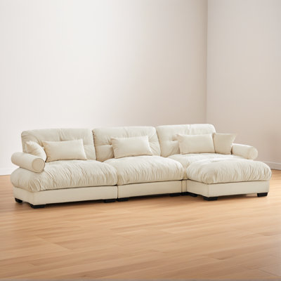 Cream Velvet Modular Sectional 3-Seater Sofa With Ottoman, 2 Accent Cushions & 3 Lumbar Cushions, For Small Spaces