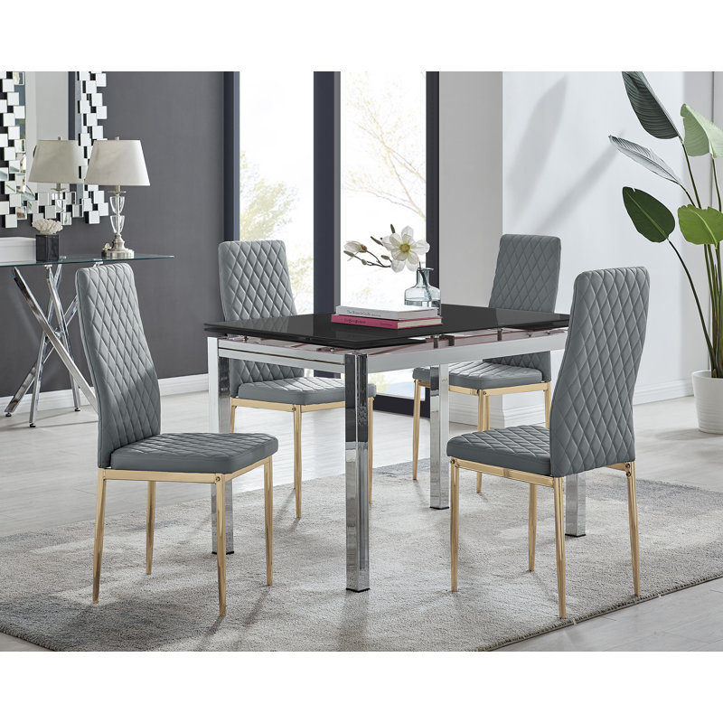 Tierra Modern Glass & Metal Extendable Dining Table Set & 4 Luxury Faux Leather Dining Chairs, Gray/Gold