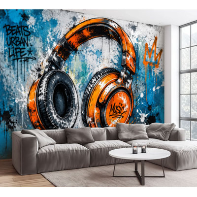 Wall Mural Peel and Stick Wallpaper Graffiti Colourful Street Graffiti Modern Cool Listening To Music Self-Adhesive Removable Contact Paper Wall Decor for Living Room Bedroom 69"H x 96"W