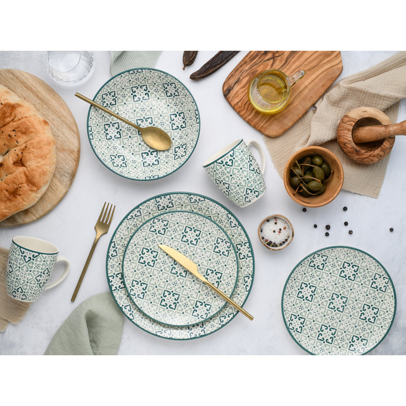 Yara Dinnerware Set 16 Piece - Service for 4, White/Green