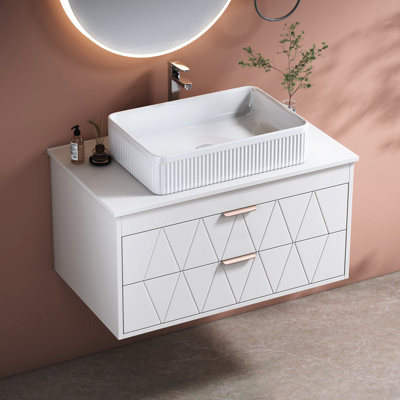 Meuble-lavabo contemporain de 80 cm avec lavabo en céramique et rangement, en bois massif, poignées or rose, petit meuble-lavabo moderne et pratique, lavabo à poser, armoire en bois, amélioration