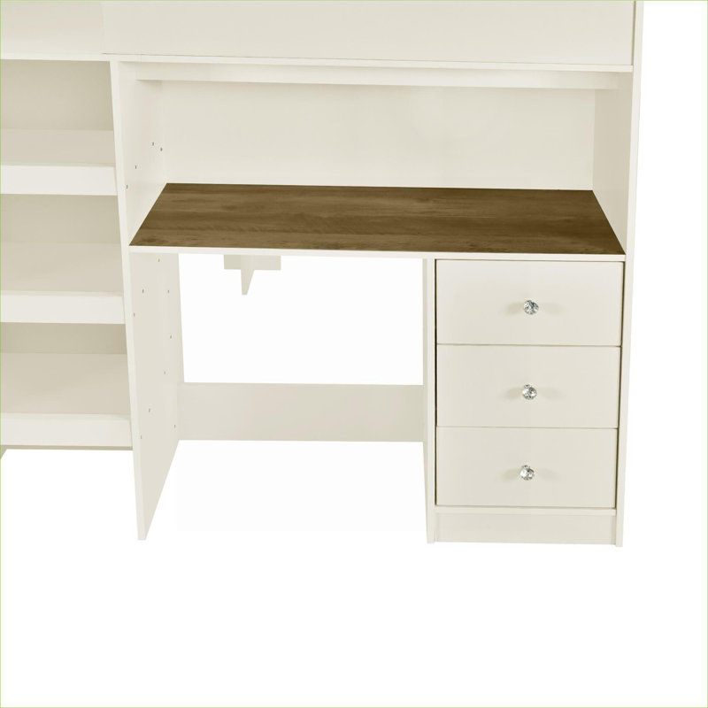 Lit mezzanine avec rangement pleine grandeur beige doux, fabrication en bois massif et en panneau de fibres à densité moyenne avec garde-robe intégrée, bureau et rangement intégré