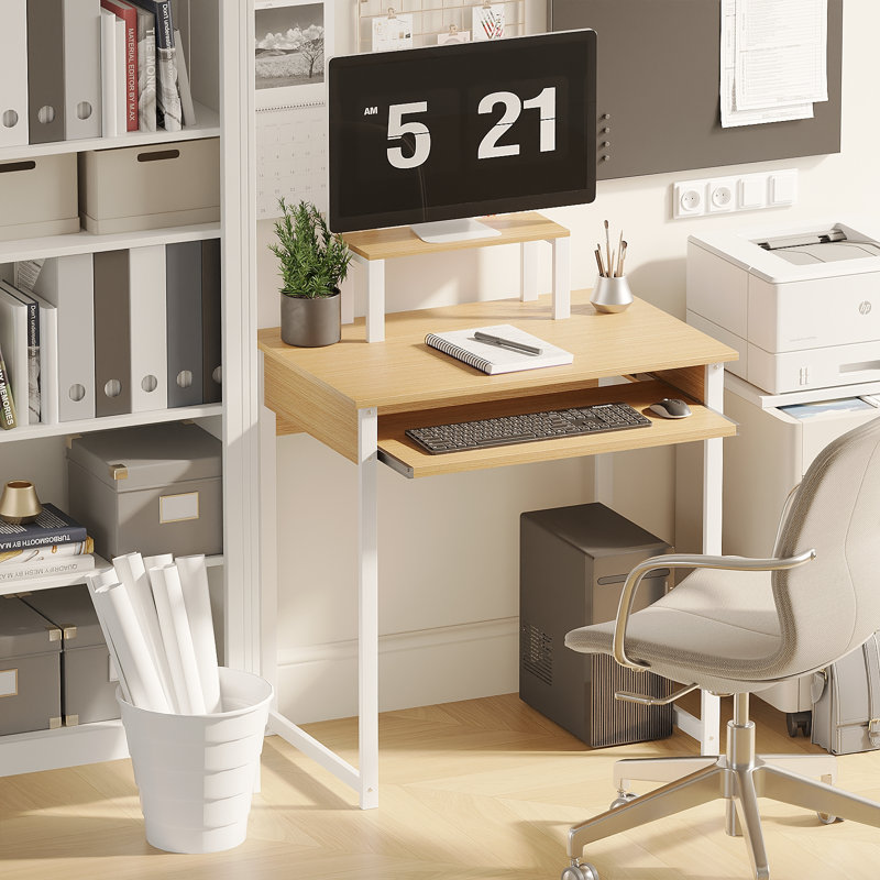 Bureau d'ordinateur moderne avec support pour écran et plateau à clavier, poste de travail compact pour adultes
