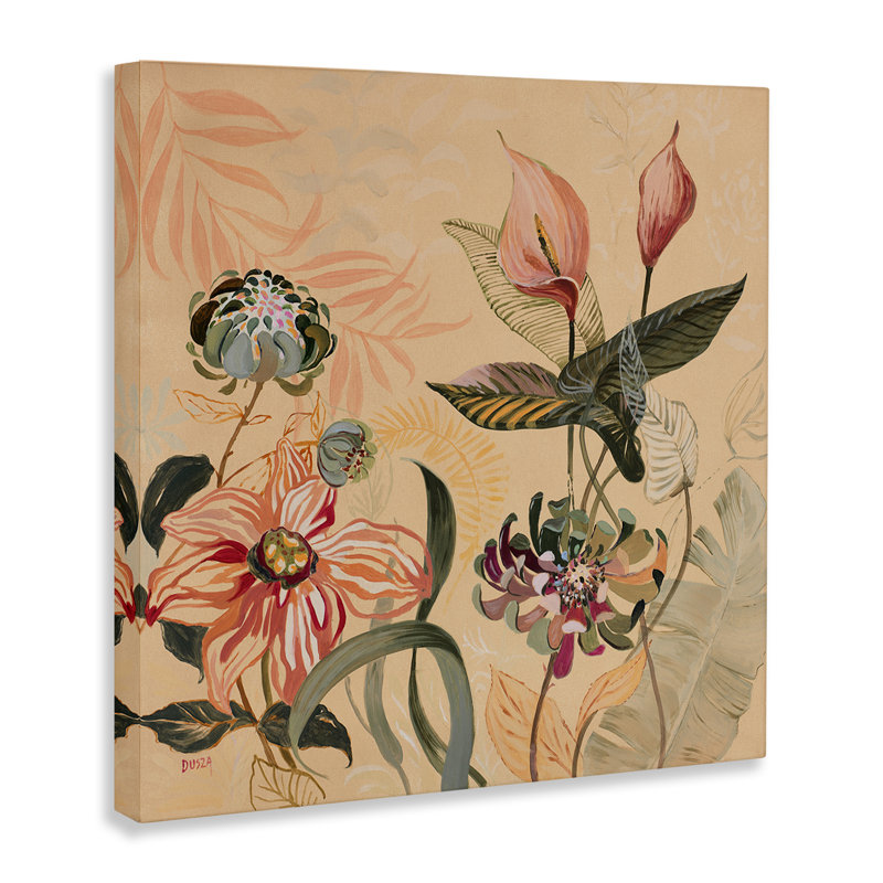 Toile de feuillage et fleurs tropicales, design par Dusza, H 17 po x l 17 po