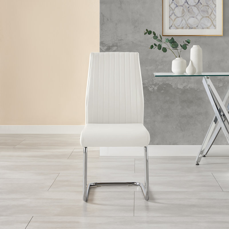 Seline Modern Round Dining Table Set in Glass and Chrome with 2 Upholstered Faux Leather Chairs, White