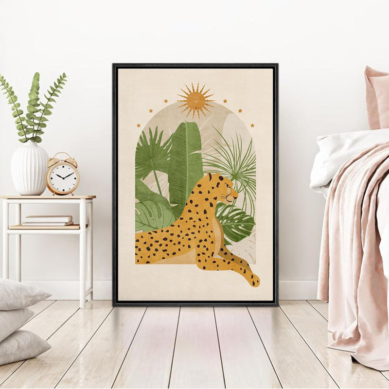 Animaux de style BCBG lumineux, feuilles de bananier tropical, feuilles de palmier émeraude, guépards jaunes, style boho moderne