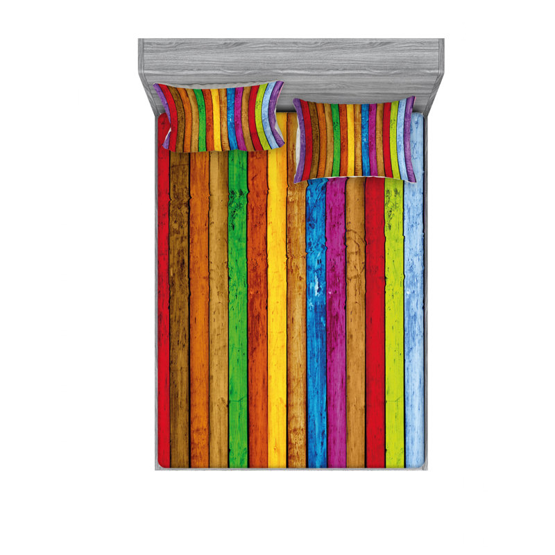 Microfiber Striped Sheet Set, Full/Double Sheet Set with Fitted Sheet, Planks as Background Cheerful Striped