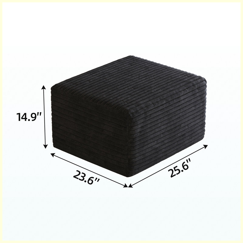 Black Plush Corduroy Sofa Ottoman, No Assembly Required Upholstered Footrest for Living Room, Bedroom