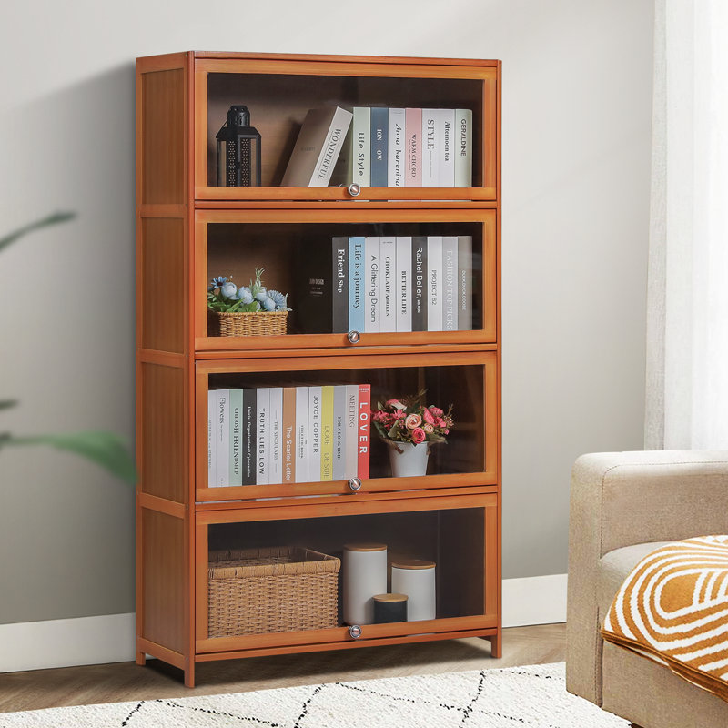 Brown Bamboo 4-Shelf Bookcase with Acrylic Doors
