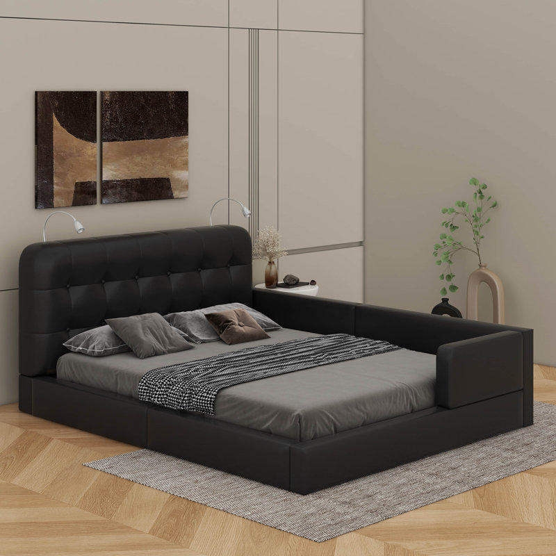 Grand lit plateforme tapissier avec lumières de lecture, Noir, noir, noir, noir