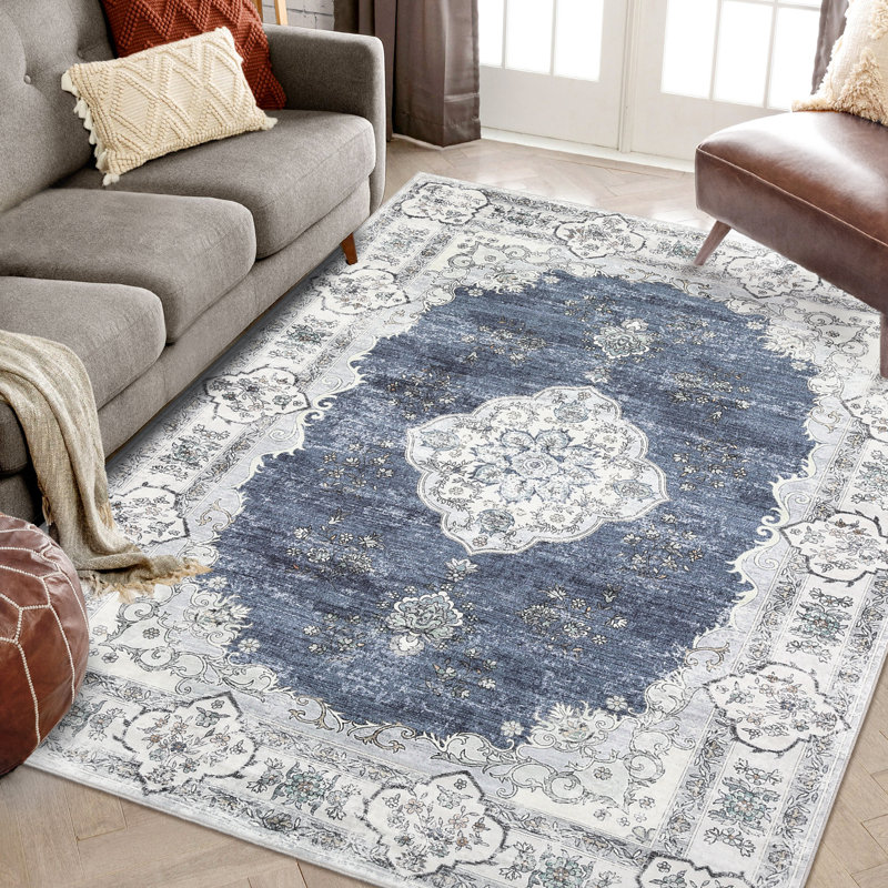 Washable Floral Rug Non-Slip Modern Farmhouse Living Room Carpet, Non-Shedding Low Pile Floor Mats, Foldable Print Accent Indoor Rug for Bedroom, Playroom, Nursery