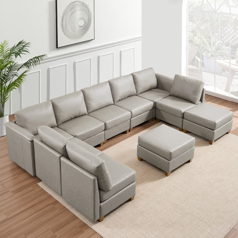10-Piece Modern Upholstered Sectional Sofa, Beige Faux Leather, Natural