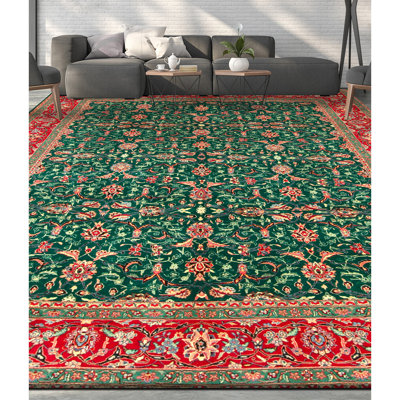 Hand Knotted Wool Oriental Area Rug in Light Green And Rust