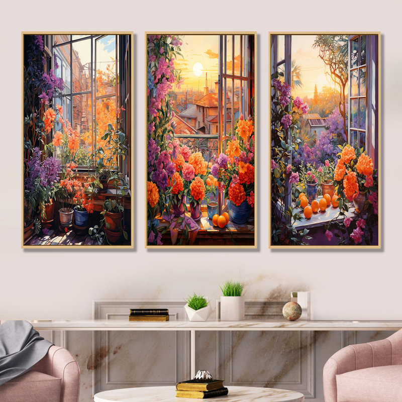 «Sunset Florals», Windows View In Italy I - ensemble de 4 impressions sur toile de fenêtre, H 40 po x l 60 po