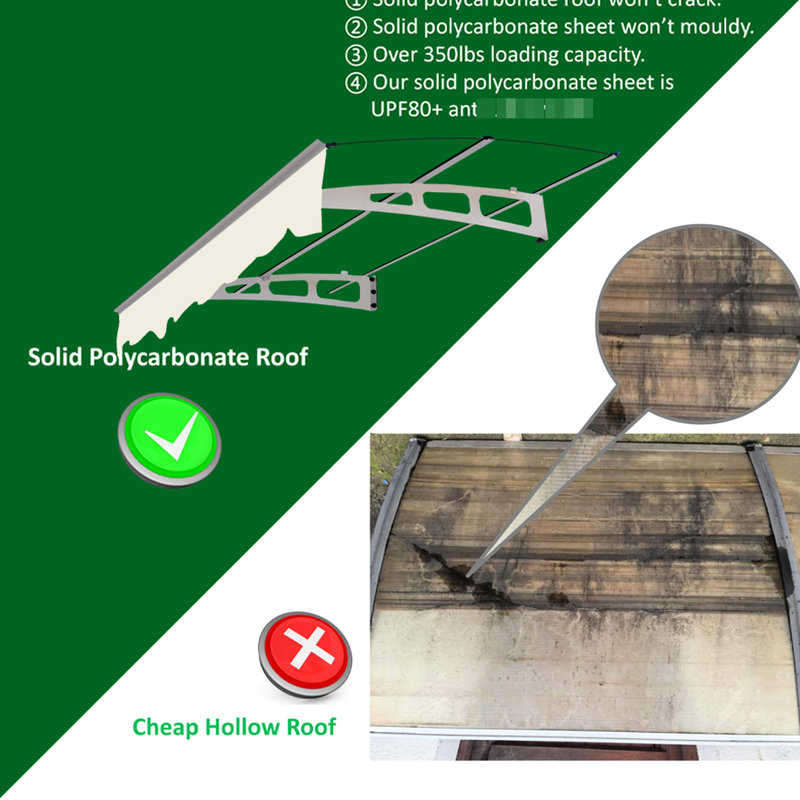 Door Window Awning 59"x34" - Polycarbonate Panel Rust- Brackets Heat Windproof Canopy & Aluminum Rain Uv80+