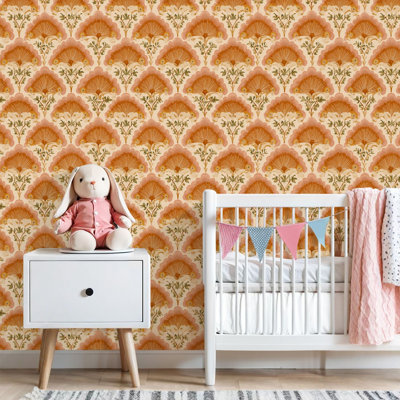 Peel and Stick Wallpaper Vintage Floral Fan Shaped Flowers Peach Contact Paper Removable Self Adhesive Wall Mural Wall Decor for Bedroom Kitchen Cabinets 17.7in x 118in
