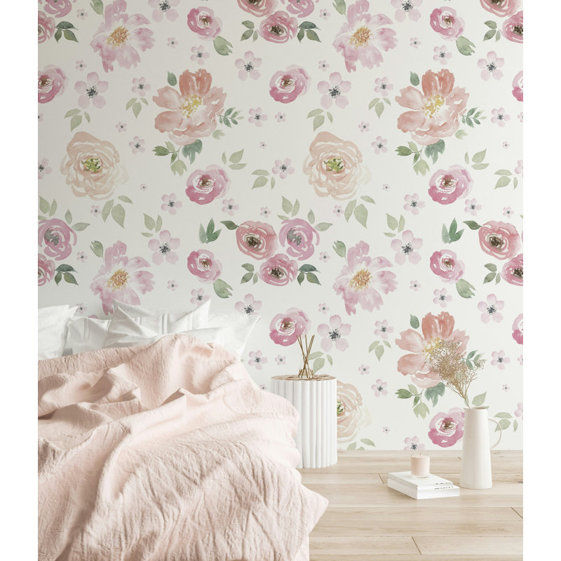 Papier peint floral aquarelle rose tendre sur fond blanc, L 100 po x l 150 po