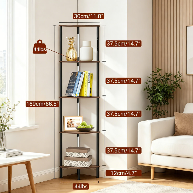 169cm H x 30cm W Metal Corner Bookcase, Rustic Brown