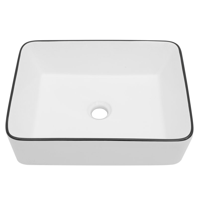 Lavabo de salle de bain vasque rectangulaire 19 po x 15 po en céramique blanche, Noir mat