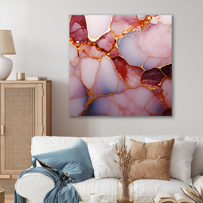 Or et marbre rose Essence II - décoration murale en marbre, Toile tendue, H 16 po x l 16 po x P 1 po