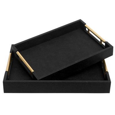 Set Of 2 Shagreen Serving Tray With Gold Polished Metal Handles Ivory Wood Decorative Tray PU Leather With Brushed Gold For Coffee Table Ottoman Console Table