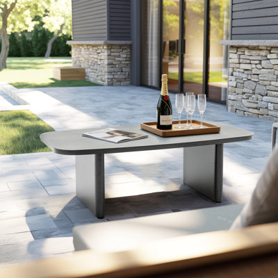 Quik-Assemble Outdoor Coffee Table with Aluminum Frame and Wood-Grain Veneer; Weather-Resistant Outdoor Coffee Table for Pools and Gardens
