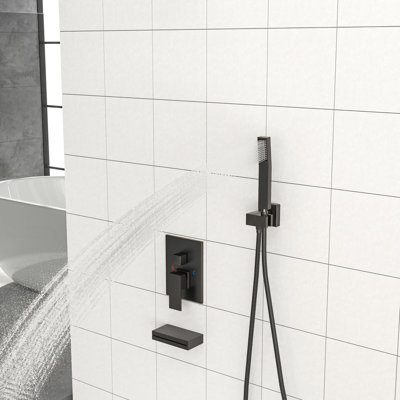 Douche de 12 pouces avec bec de baignoire cascade - pomme de douche carrée, à main, finition bronze huilé, système de valve bronze pluvial, valve équilibrée, installation murale facile, eau réglable