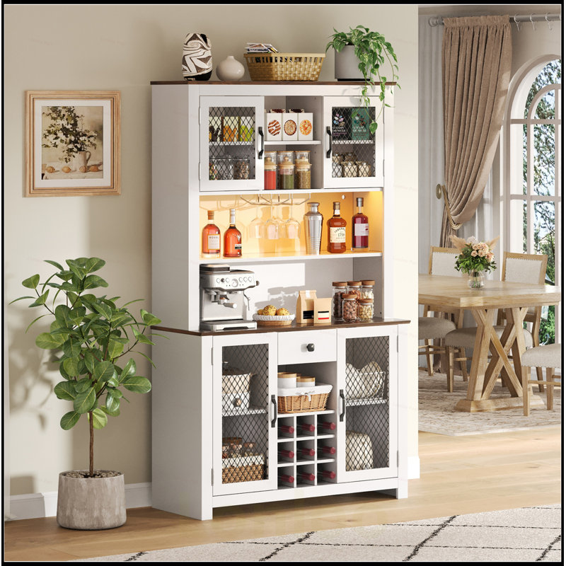 Rustic Kitchen Pantry Storage Cabinet with LED, Outlets, Wine Rack, and Adjustable Shelves for Dining Room, White