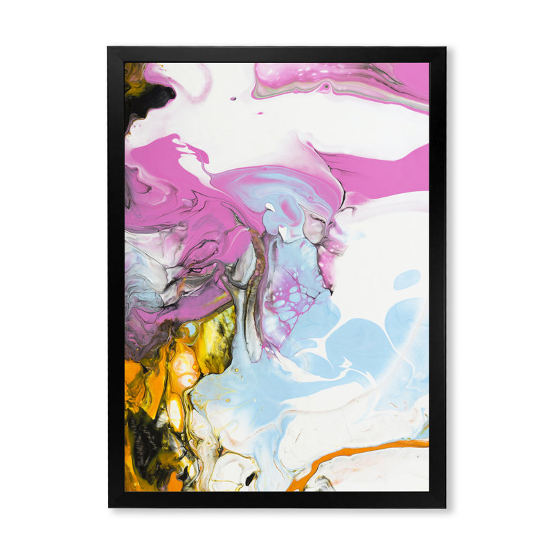 Rose, bleu et jaune liquide Art II - peinture sur toile, H 44 po x l 34 po x P 1,5 po, Cadre d'angle fermé noir