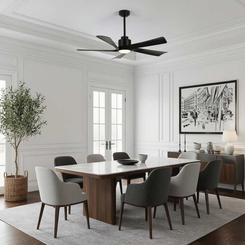 Karlena 52'' Modern Large Ceiling Fan With Led Lights And Remote Control, App, Timer, Memory, Black with Midnight Blade